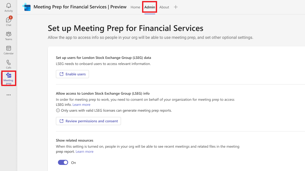 Screenshot of the Admin tab in Meeting Prep