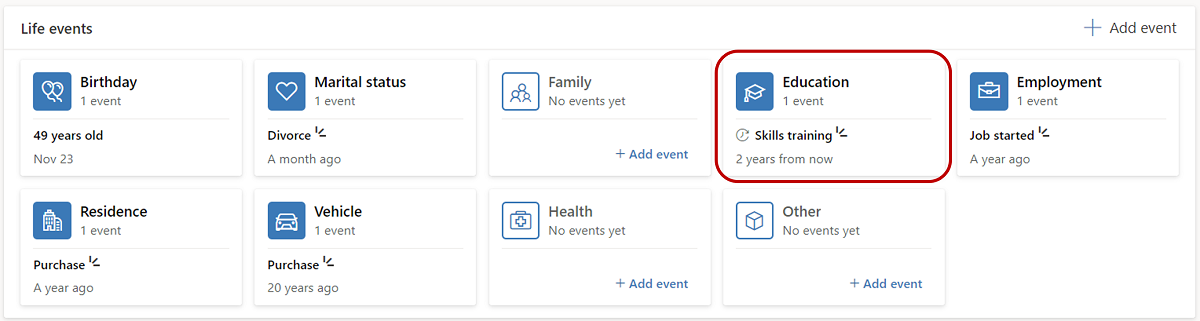 Screenshot of the Life events area.