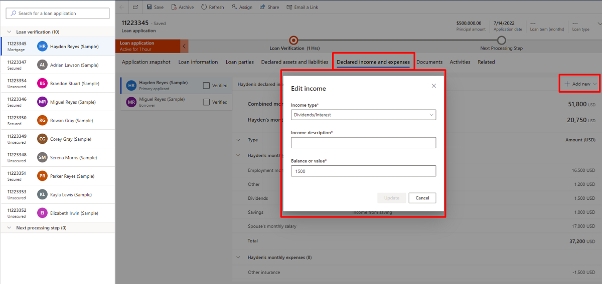 Declared income and expenses modifications tab.