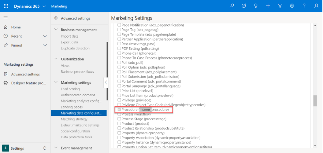 Select the Procedure Marketing setting.