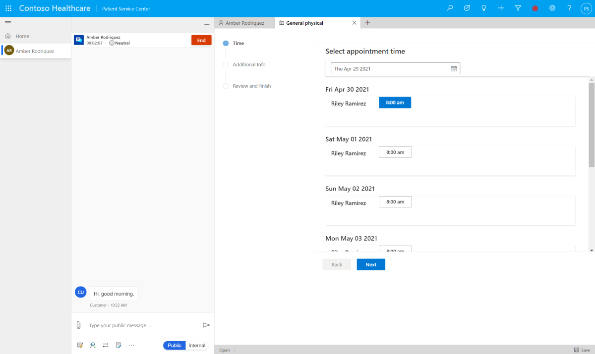 Selecting a time in the rescheduling wizard.