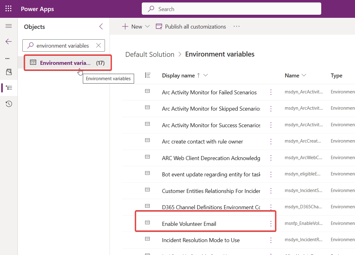 Screen shot showing the environment variables in the Default Solution.