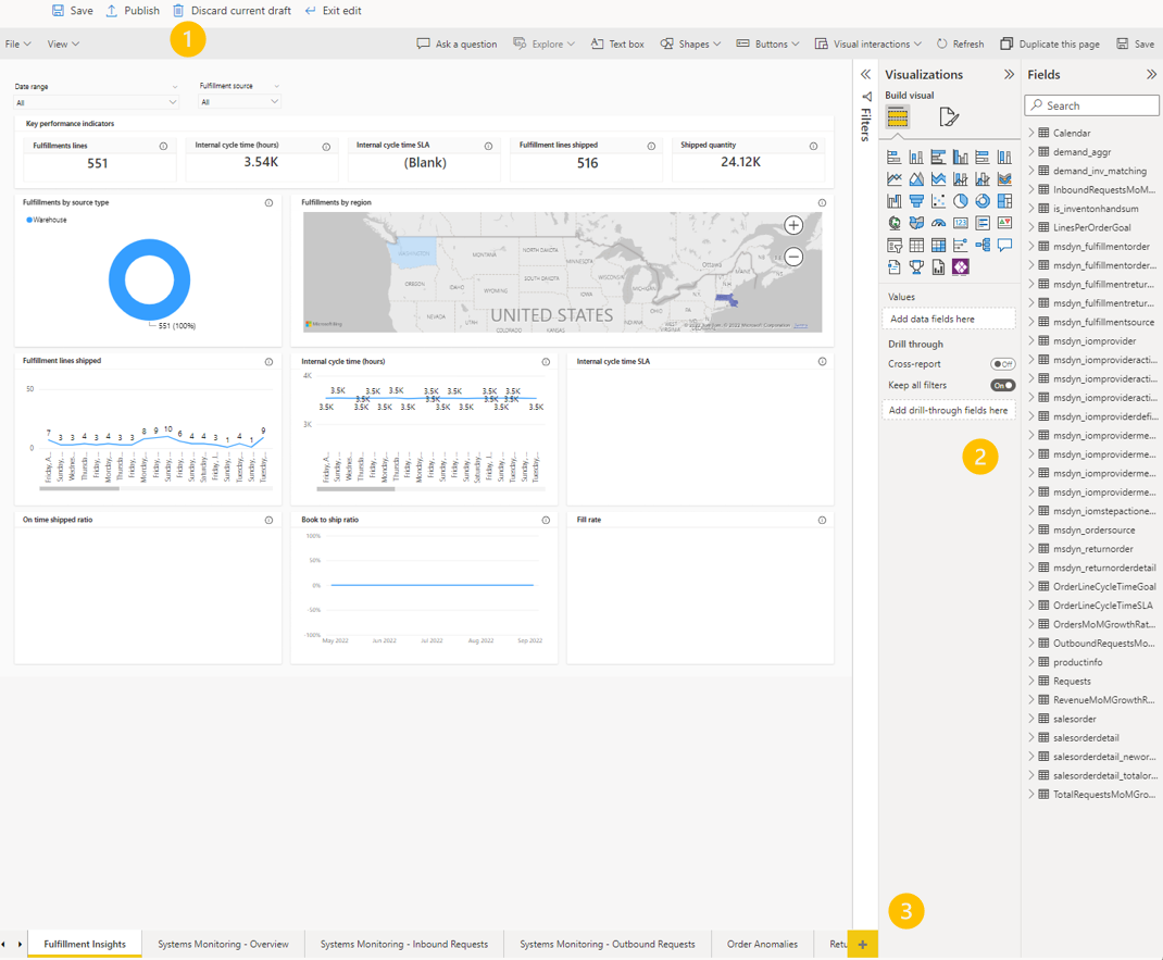 Editing controls, customization controls, and New page button on an Insights page.