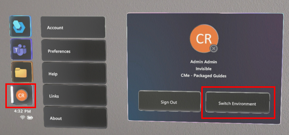 Screenshot that shows Profile and Switch environment in HoloLens.