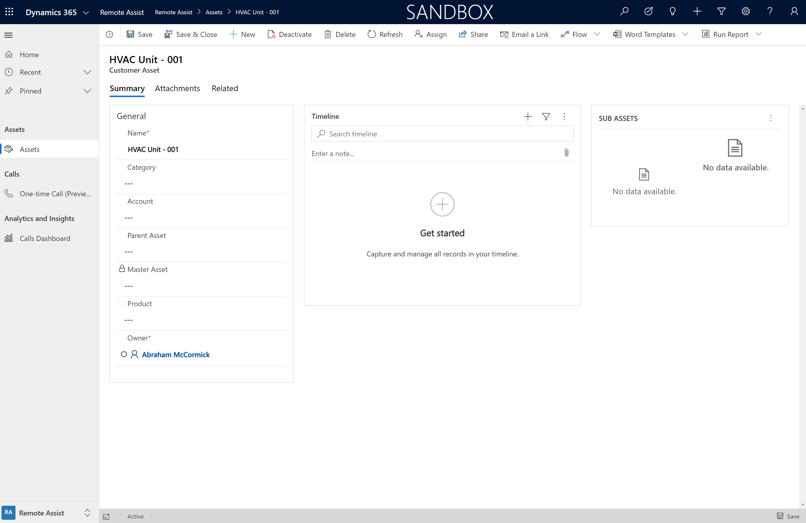 Screenshot of the Dynamics 365 Remote Assist model-driven app, showing a customer asset.