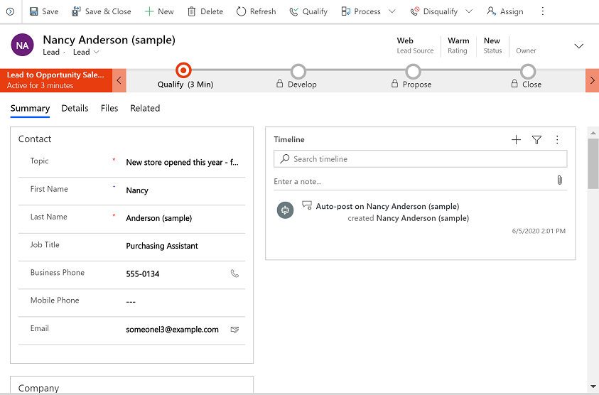 Sales form in Dynamics 365 apps.