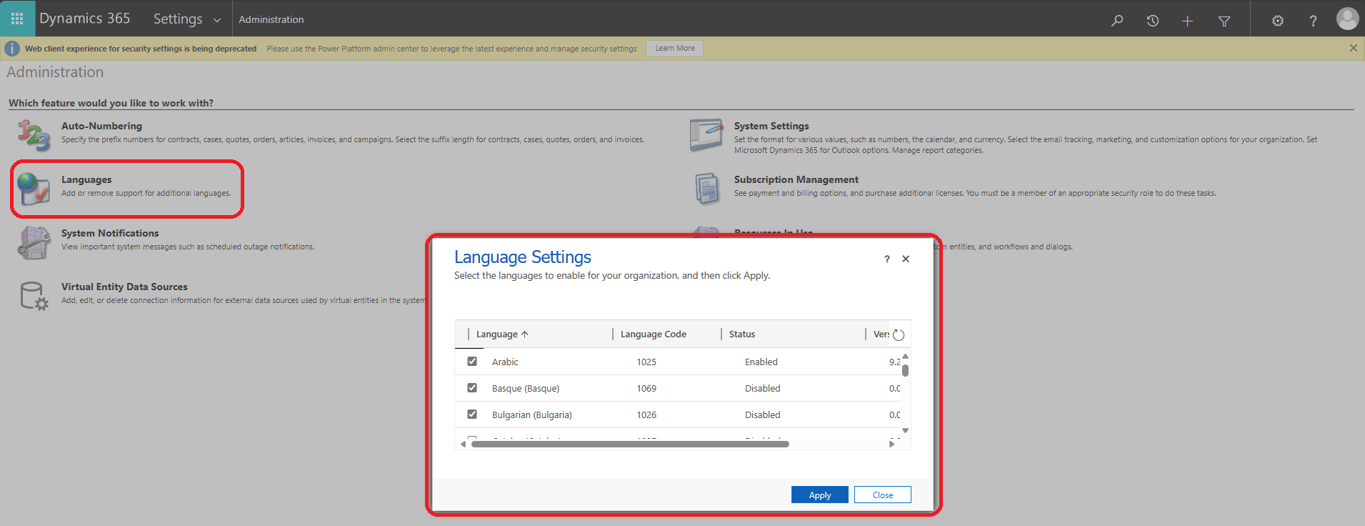 Screenshot of the Languages Settings dialog box for Dynamics 365.