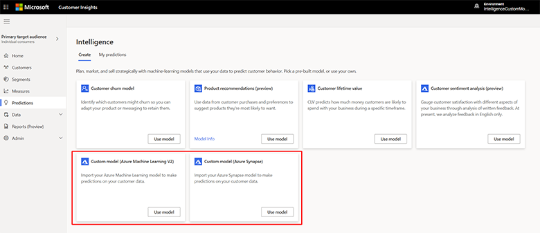 Access custom model connections from the Predictions page in Dynamics 365 Customer Insights.