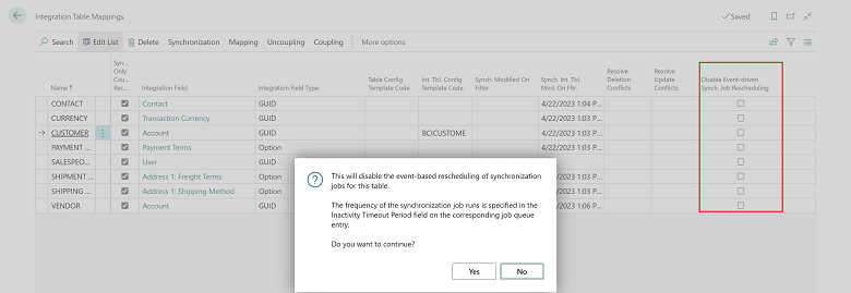 Shows new Disable Event-driven synchronization job scheduling option in Integration Table Mappings