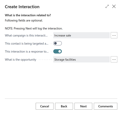 Shows step where interaction you're creating can be related to a campaign or an opportunity.