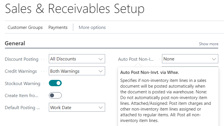 Sales & Receivables Setup page