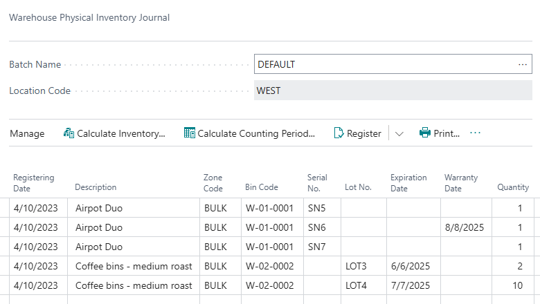 Warehouse Physical Inventory Journal