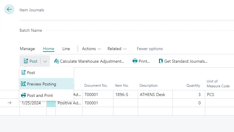 Item Journal - Preview Posting action