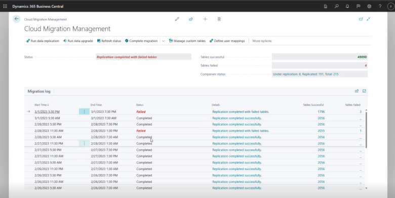 Overview showing replication runs and their status, as well as the header with overall status.