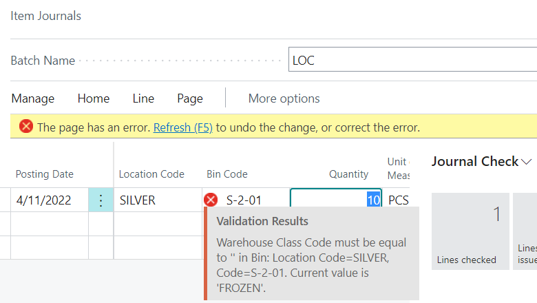 Screenshot of Warehouse class validation