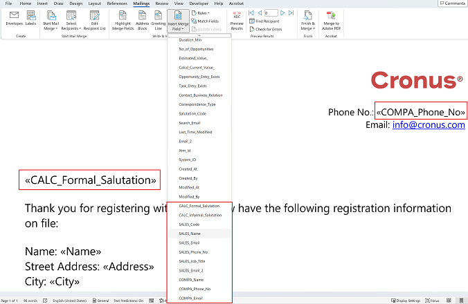 Shows related and unrelated entity fields in Word's Insert Merge Fields menu