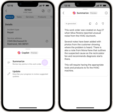 Screenshot of Copilot work order summary