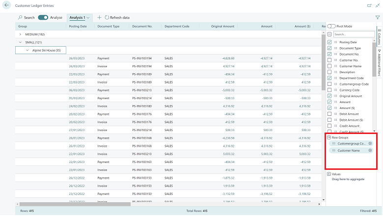 Shows row groups in the Field Modifier area in analysis mode.