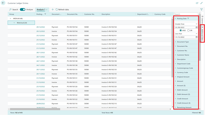 Shows additional filter options in analysis mode.