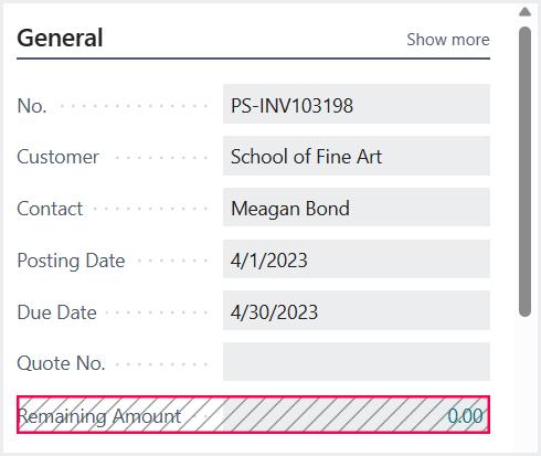 Business Central displays the recommended placement of a table field on the page.