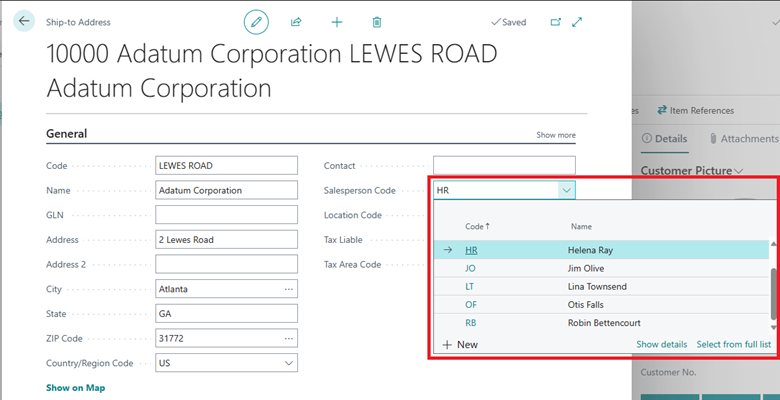 Shows Ship-To Address page with Salesperson code field highlighted.