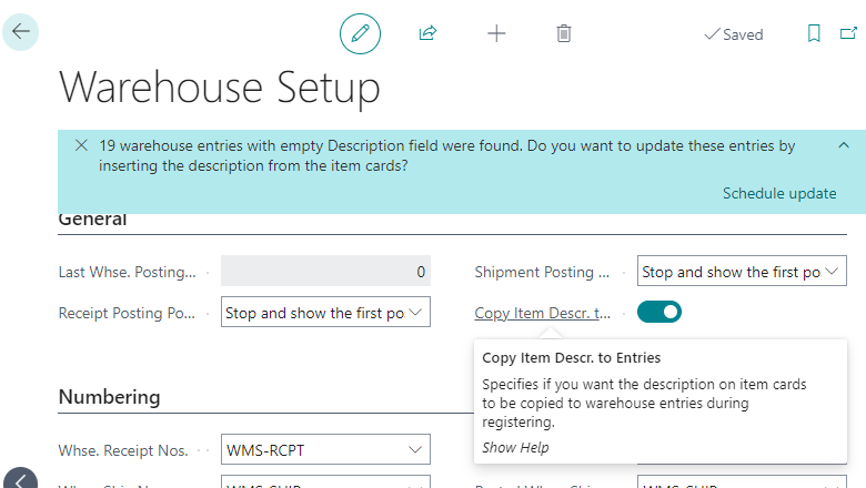 Warehouse Setup page