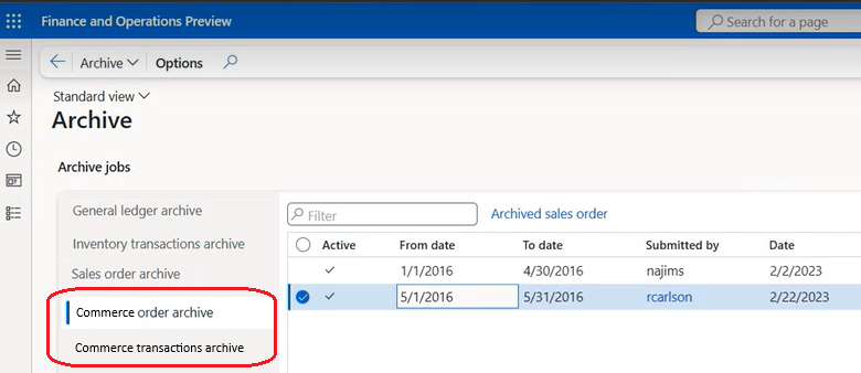 Screenshot highlighting the Commerce order archive and Commerce transactions archive options.