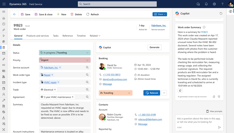 Copilot in Field Service opening in a side pane.