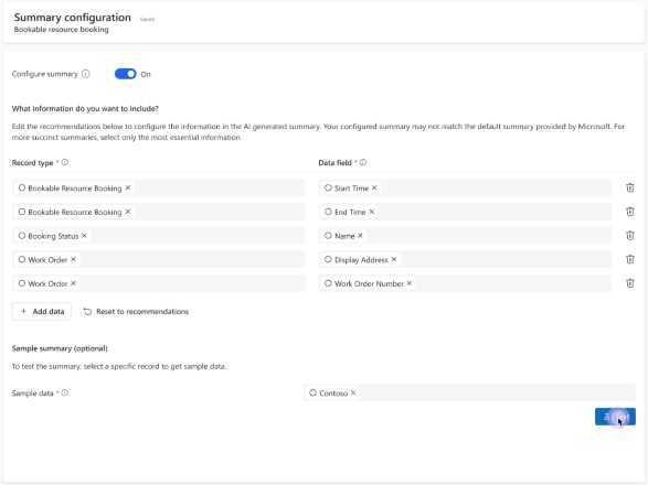 Screenshot of Field Service Copilot summary configuration