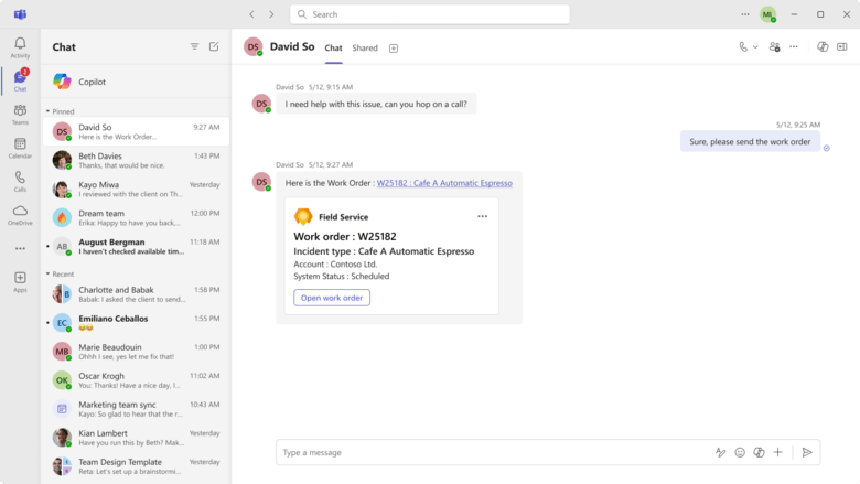 Teams chat with Field Service work order link preview