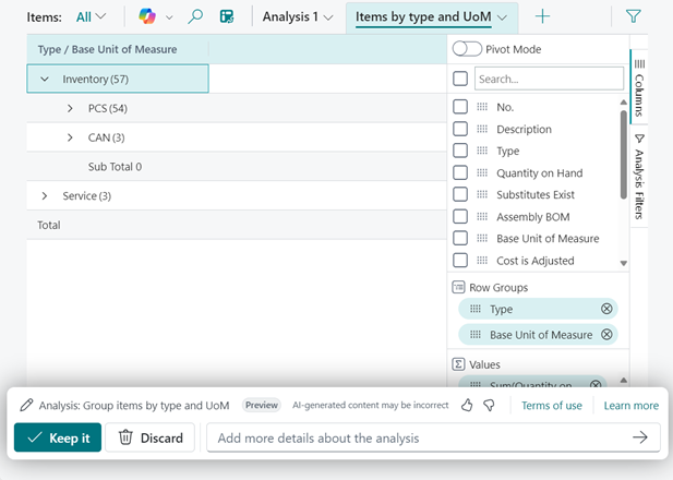 Refining an analysis tab using prompts.