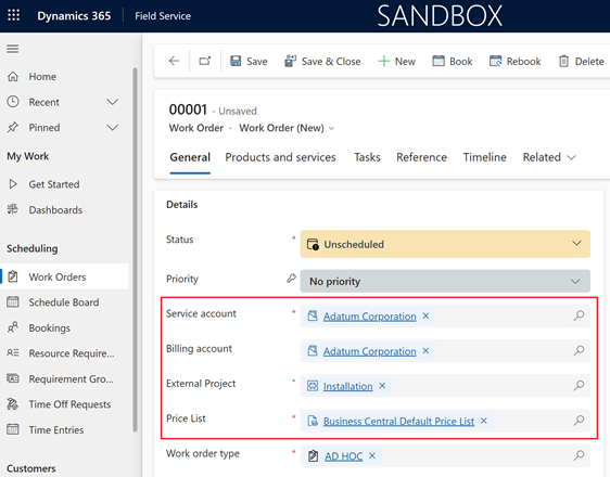 Shows Field Service work order Service account, Billing account, External Project, and Price List highlighted