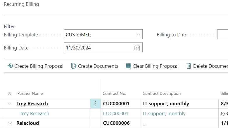 Billing proposals for recurring invoices