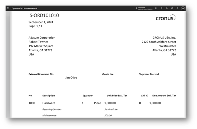 Sales order confirmation that includes a subscription (recurring) service