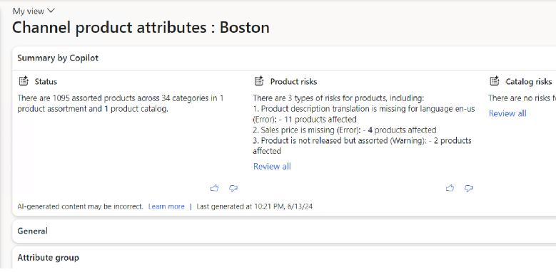 Screenshot showing a Copilot-generated summary for the merchandising configuration of a channel.