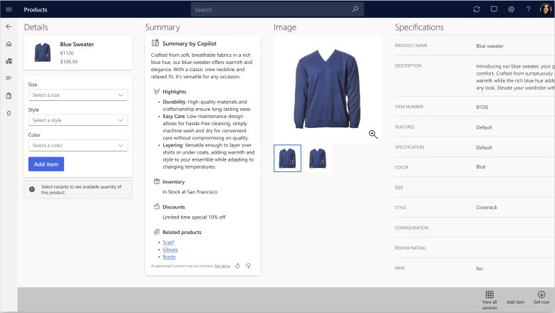 Screenshot showing Copilot-generated product insights on a product details page in Store Commerce