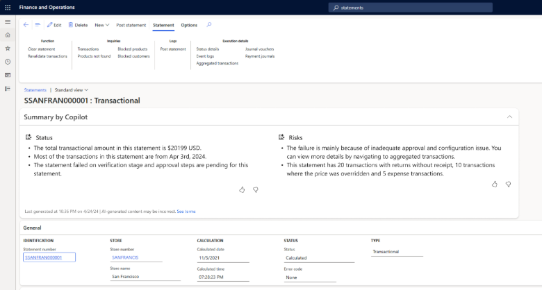 Screenshot showing a Copilot-generated summary on a failed statement.