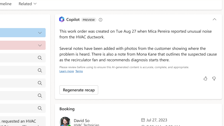 Copilot for work order recap in the web application.