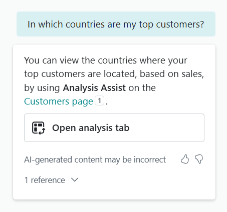 An example response from Copilot indicating handoff to the Analysis Assist feature.