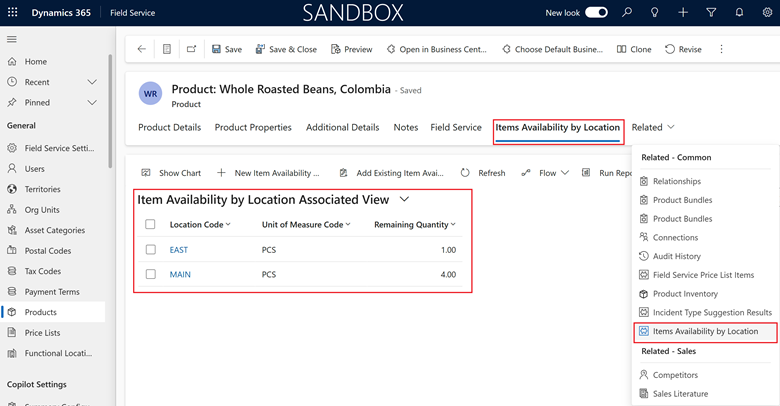 Shows Products page with Items Availability by Location information in Field Service