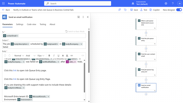 Show an automated flow created from template in Power Automate flow designer.