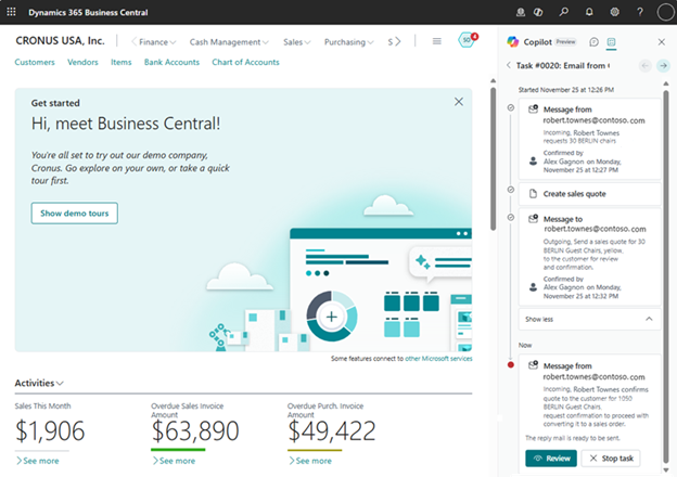 Shows the task timeline view of the Sales Order Agent