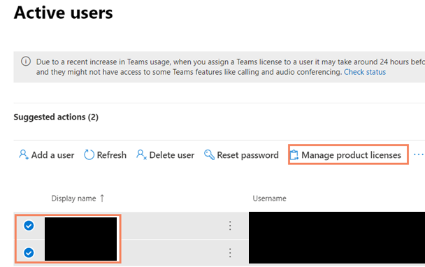 Assign licenses to multiple users.