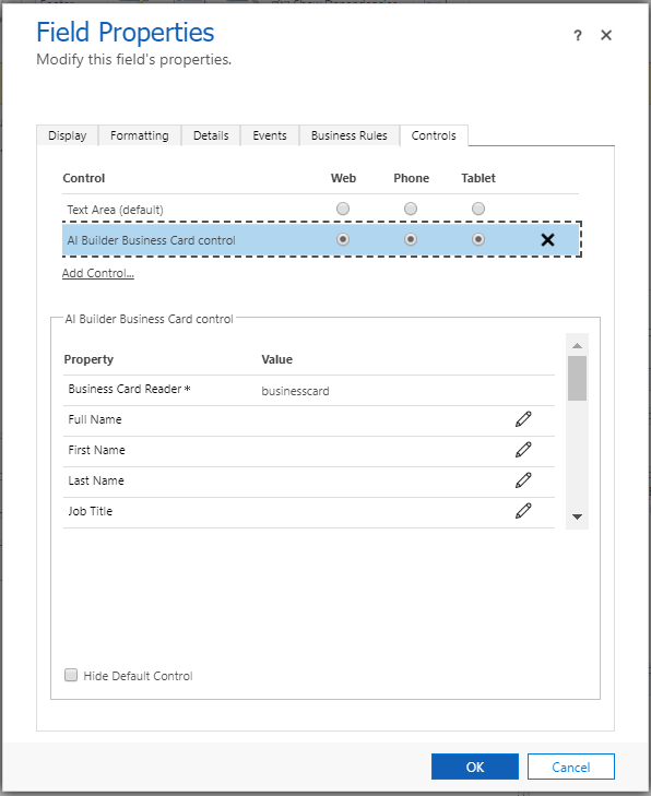 Business card scanner control in the Field Properties dialog box.