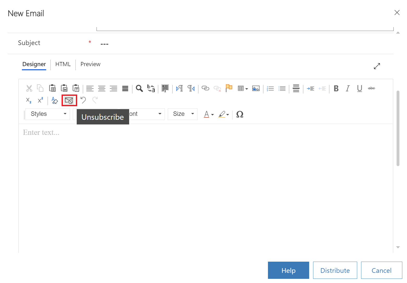 Unsubscribe option in the email designer window