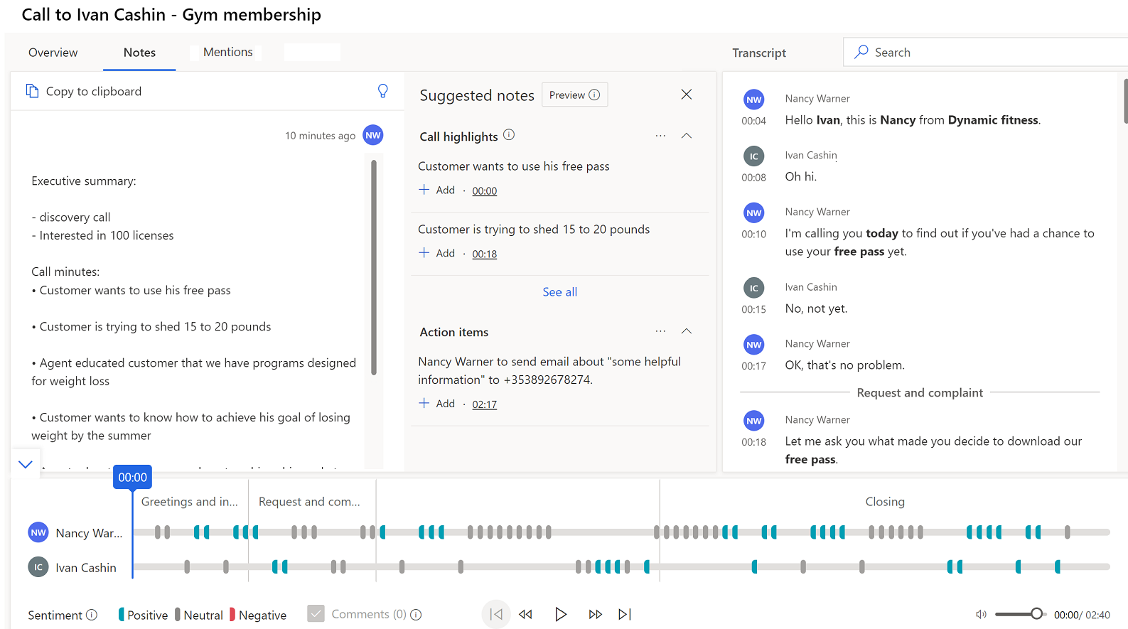 Call insights tab in a phone call activity