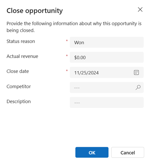 Screenshot of the Close Opportunity form that appears when you select Close as Won