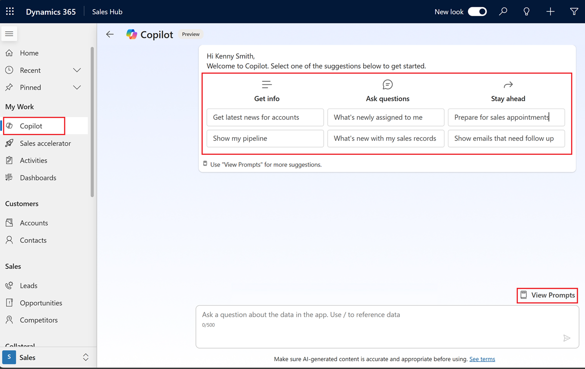 Screenshot of the Copilot page showing suggested requests, with the Copilot icons in the left and right side panes highlighted.