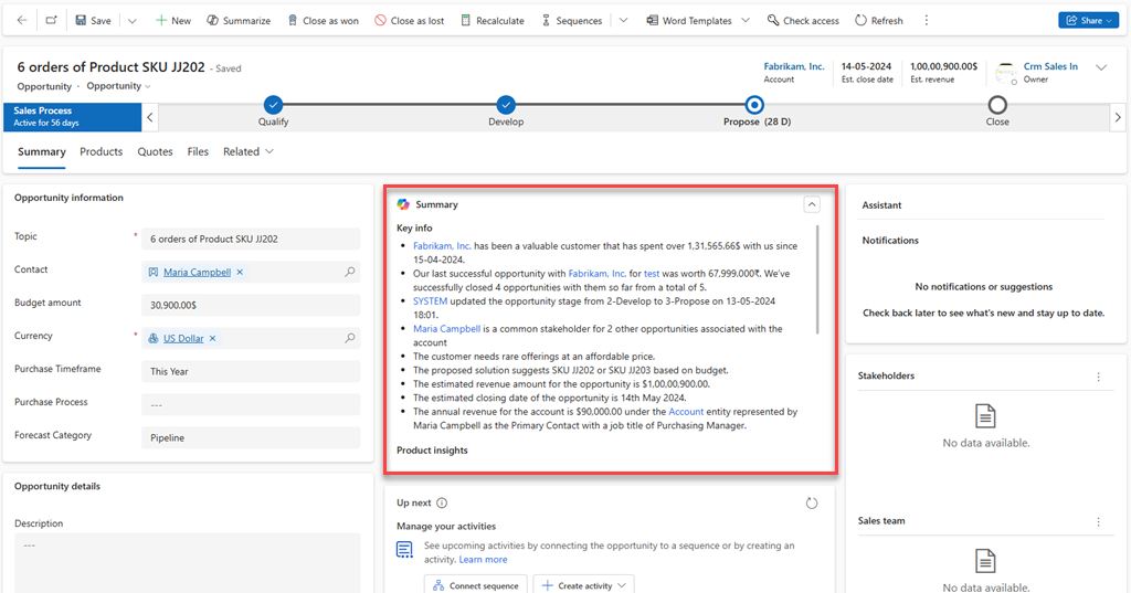 Screenshot of the Copilot opportunity summary widget in the Opportunity form.