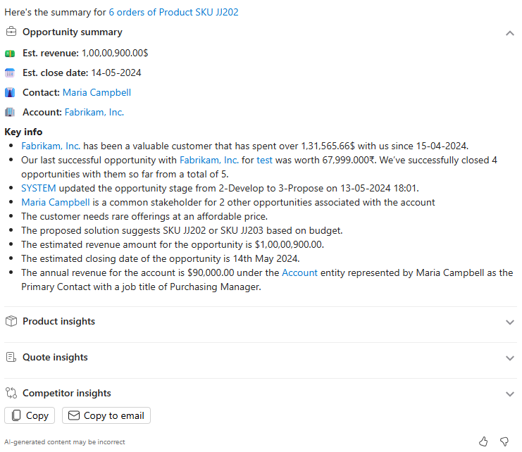 Screenshot of a Copilot opportunity summary in Dynamics 365 Sales.